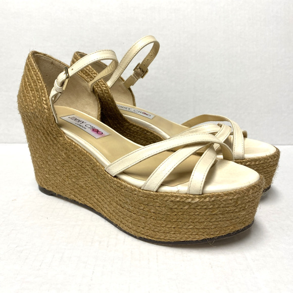 Jimmy Choo Delaney Sandal 80 Ivory Leather Wedge Braided Rope Detailing … - Picture 3 of 11